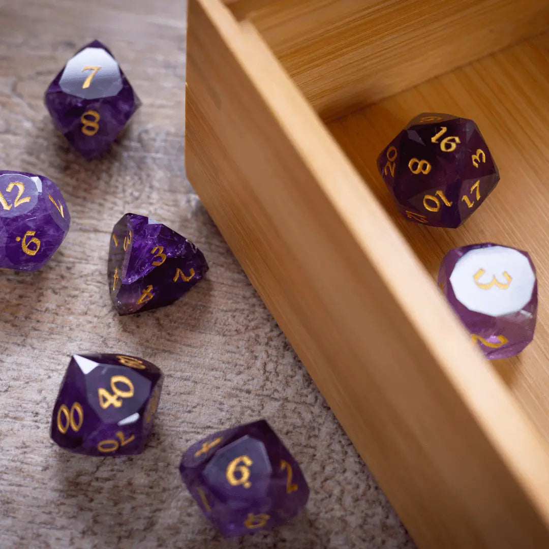 Dwarf Cut Purple Amethyst Gemstone Premium DND Dice Set Runic Dice