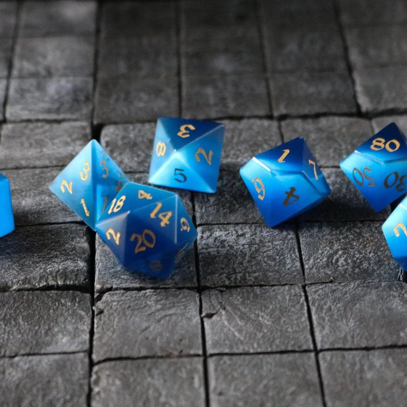 Gemstone Dark Blue Cats Eye Stone Hand Carved DND Dice Set Runic Dice