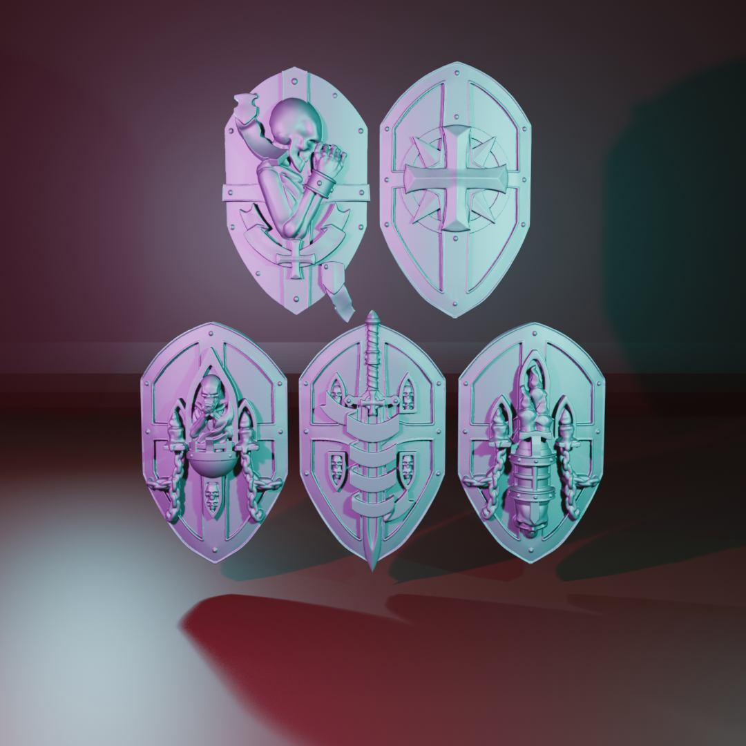 Pactum Aeternum Crusader Shields by DakkaDakkaStore – Resin Printed Grimdark Shield Pack (28/32mm Scale)