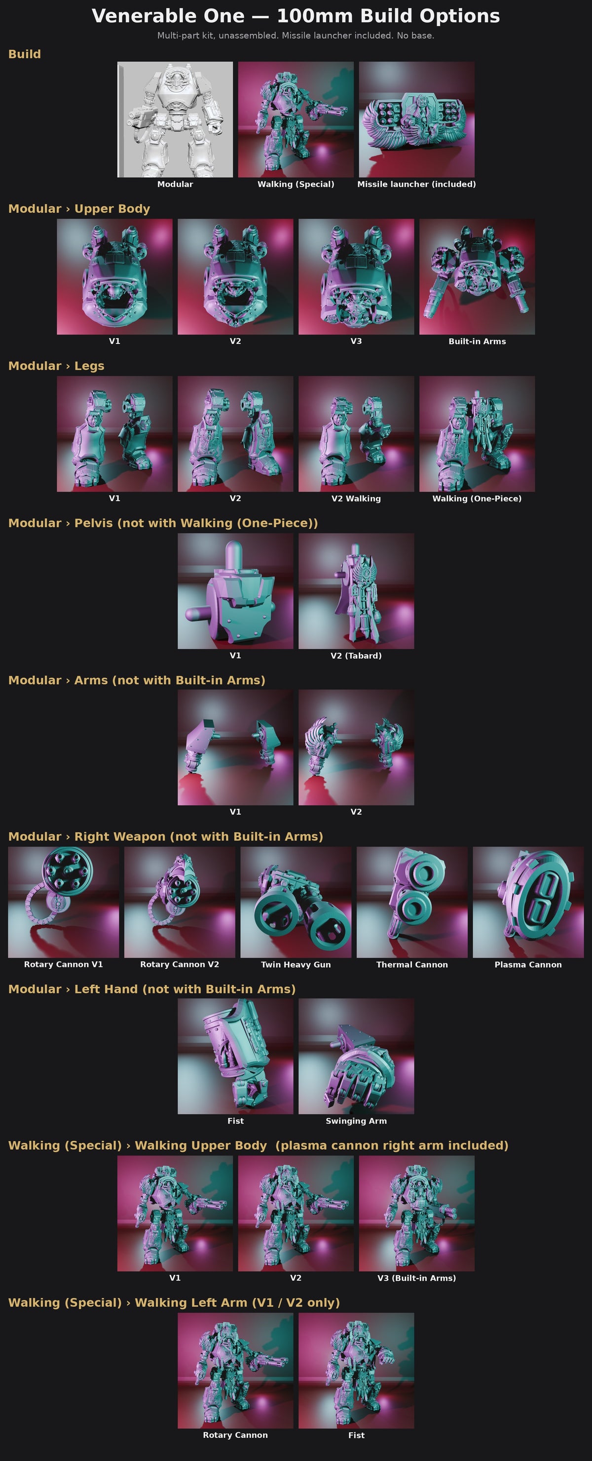 Venerable One 100mm Build Options: Modular or Walking (Special); Upper Body, Legs, Pelvis, Arms, Right Weapon, Left Hand