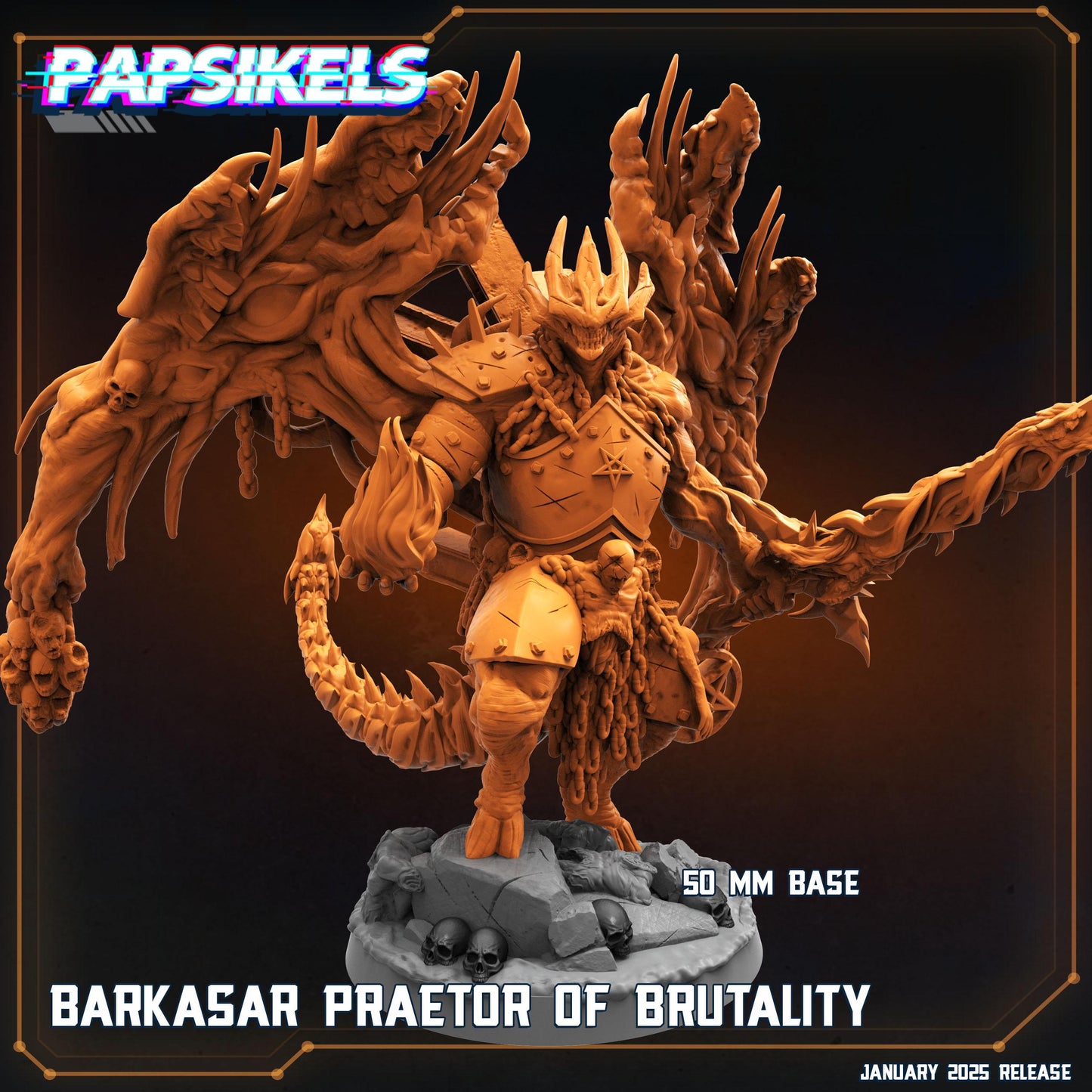 BARKASAR, Preator Of Brutality by Papikels Miniature, 100m tall Miniature, 32mm Scale, War Gaming Figure, Proxy for Trench Crusade
