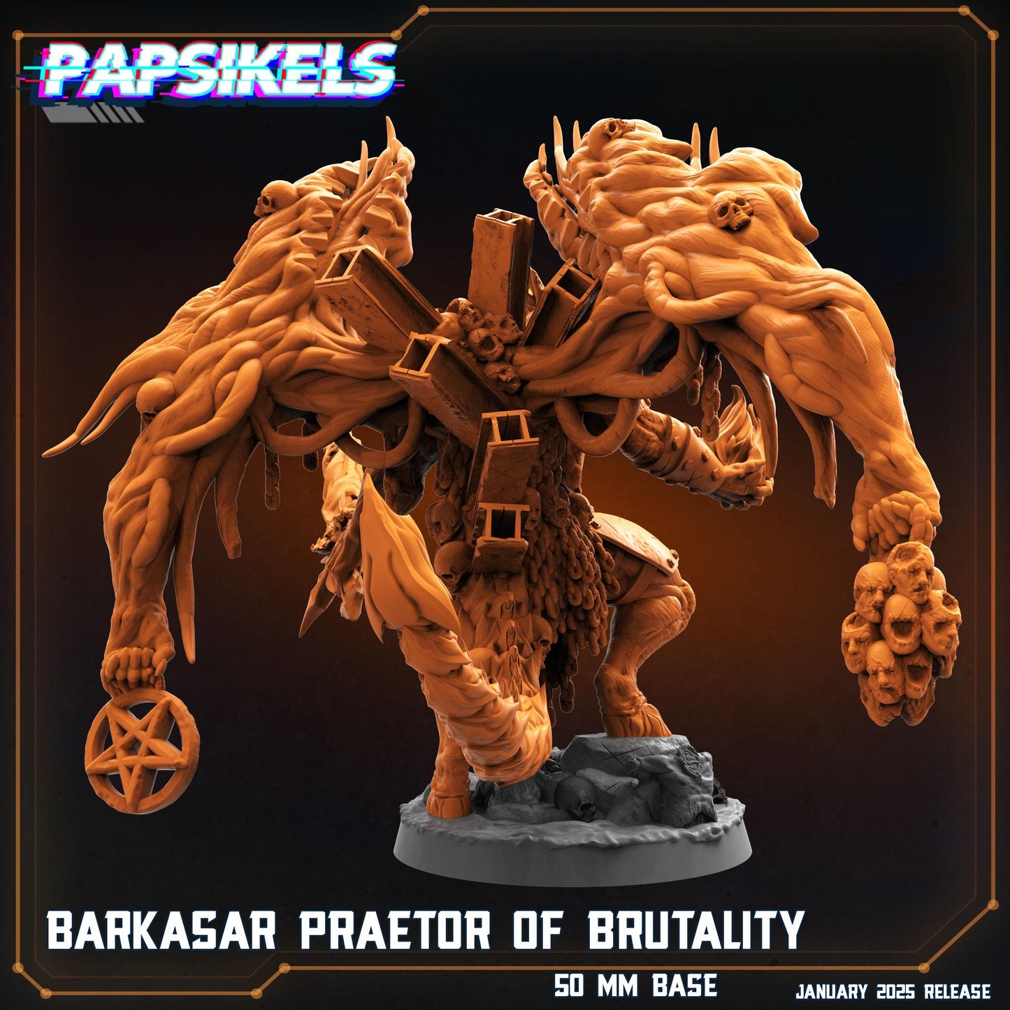 BARKASAR, Preator Of Brutality by Papikels Miniature, 100m tall Miniature, 32mm Scale, War Gaming Figure, Proxy for Trench Crusade