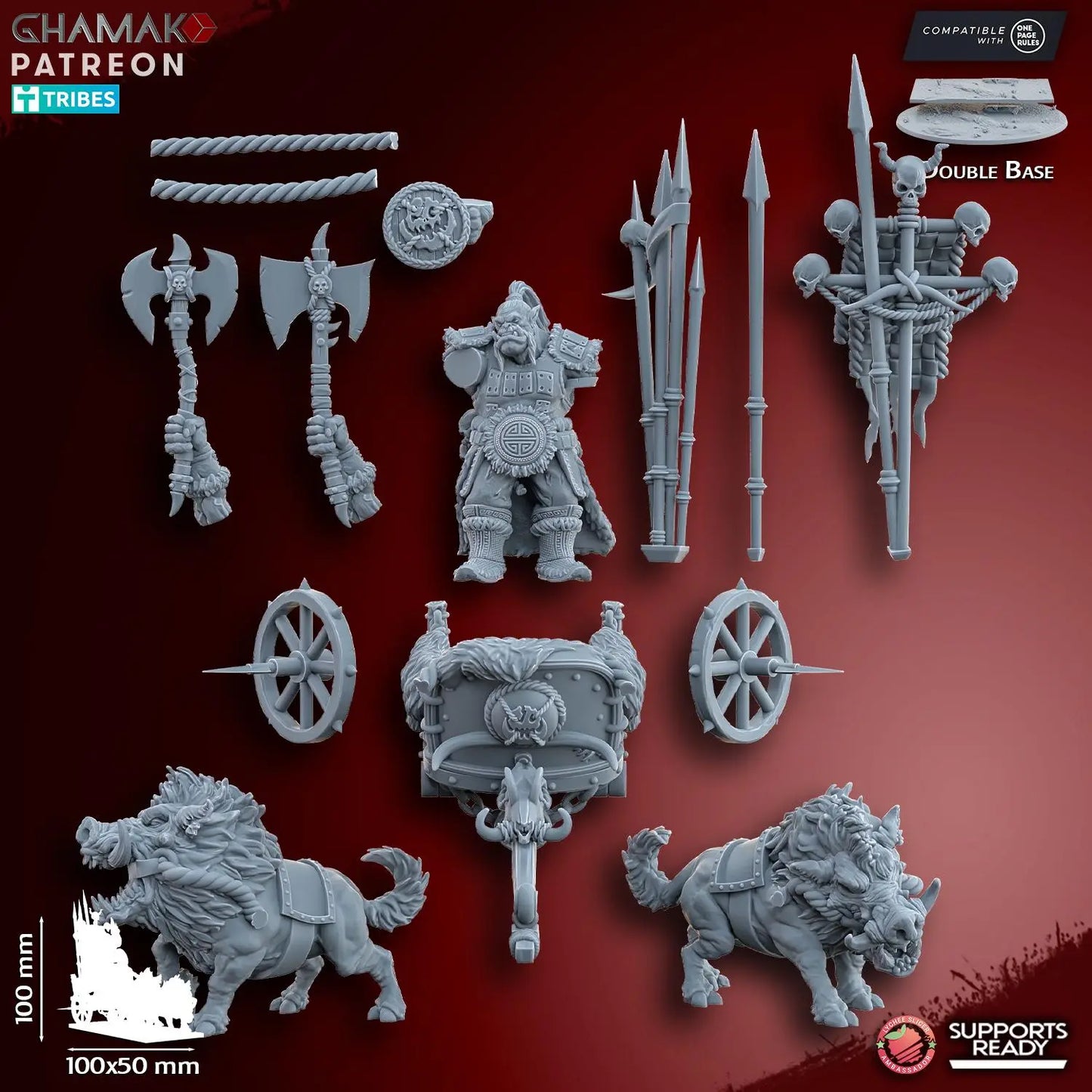 Orc Chieftain on Wild Boar Chariot by Ghamak Fantasy 28mm Scale Miniature, 100mm x 100mm, Vehicle