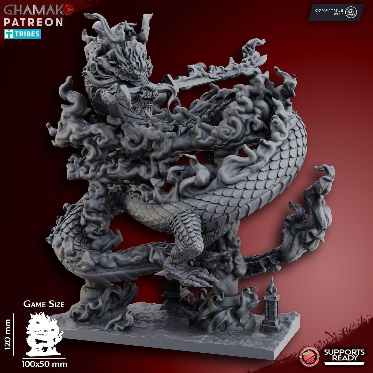 Fire Dragon by Ghamak Heroic 28mm Scale Miniature, 120-195mm tall, Dragon, Proxy, Fantasy, Dragon, Display, Chinese Dragon