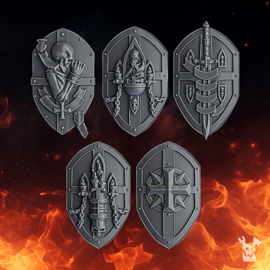 Pactum Aeternum Crusader Shields by DakkaDakkaStore – Resin Printed Grimdark Shield Pack (28/32mm Scale)