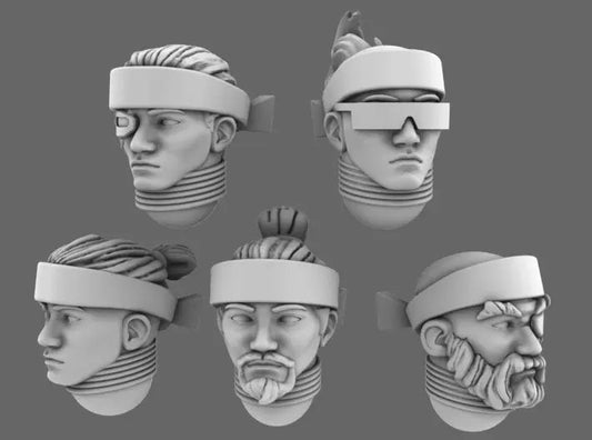 Cyber Samurai V10 Heads with Hachimaki Headbands (STL Format)