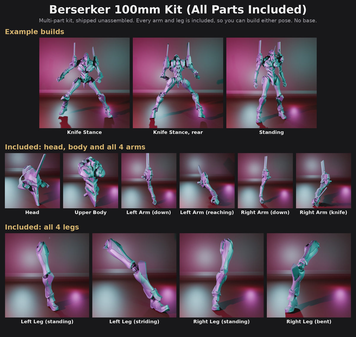 Berserker 100mm Kit (All Parts Included): head, upper body, all 4 arms and all 4 legs for the Standing or Knife Stance build