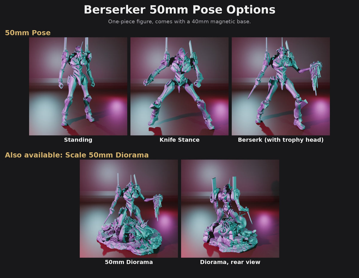 Berserker 50mm Pose Options: Standing, Knife Stance or Berserk (with trophy head), plus the 50mm Diorama