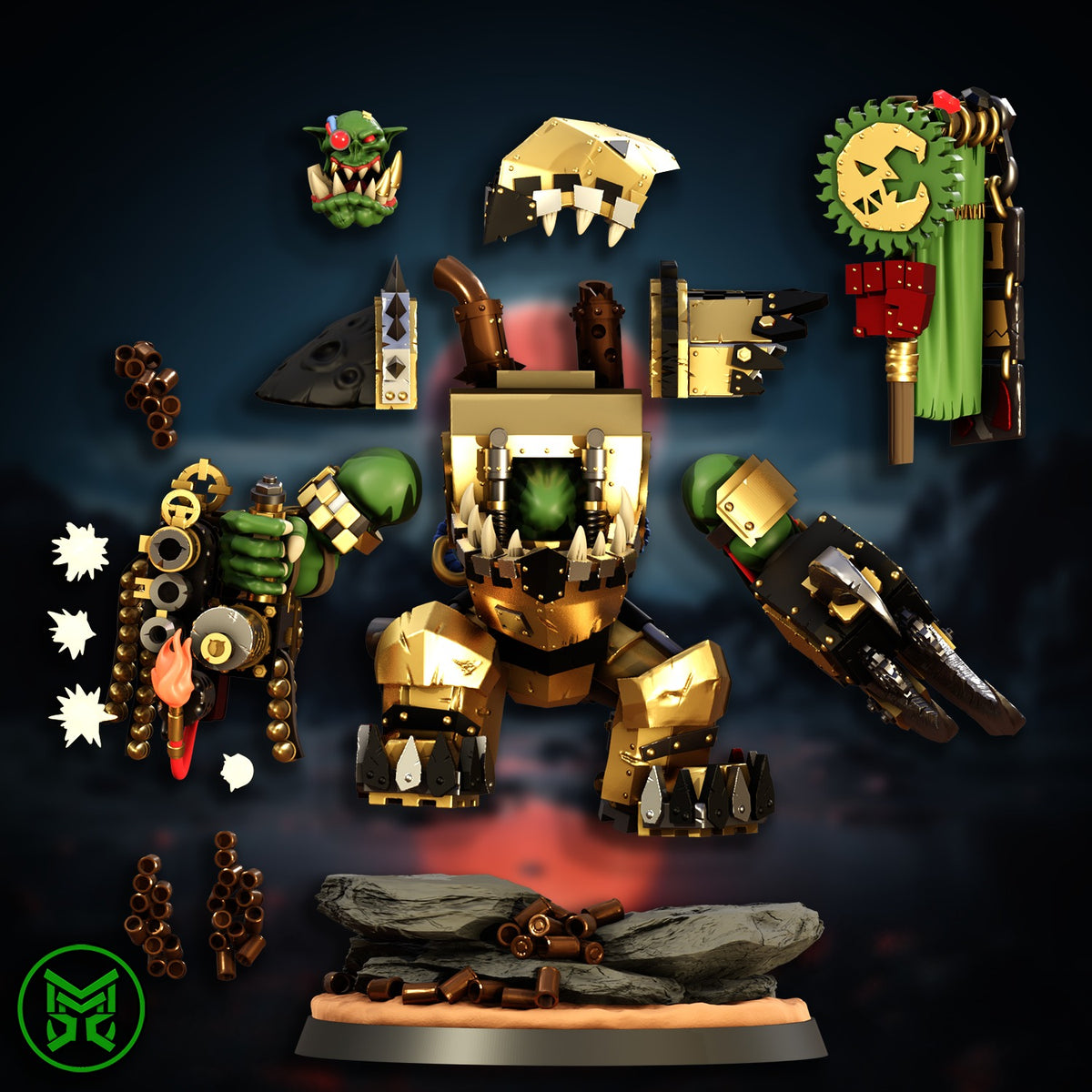 Big Boss in Mega Armour by Mekka Miniatures designer render, every part laid out