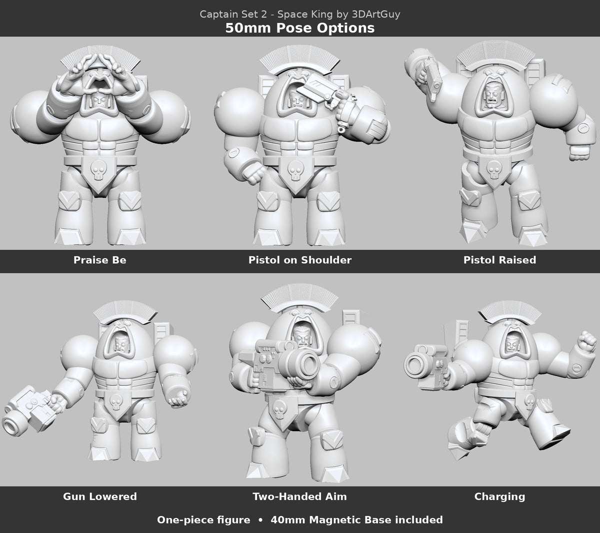 Captain Set 2 - Space King by 3DArtGuy 50mm Pose Options: Praise Be, Pistol on Shoulder, Pistol Raised, Gun Lowered, Two-Handed Aim, Charging