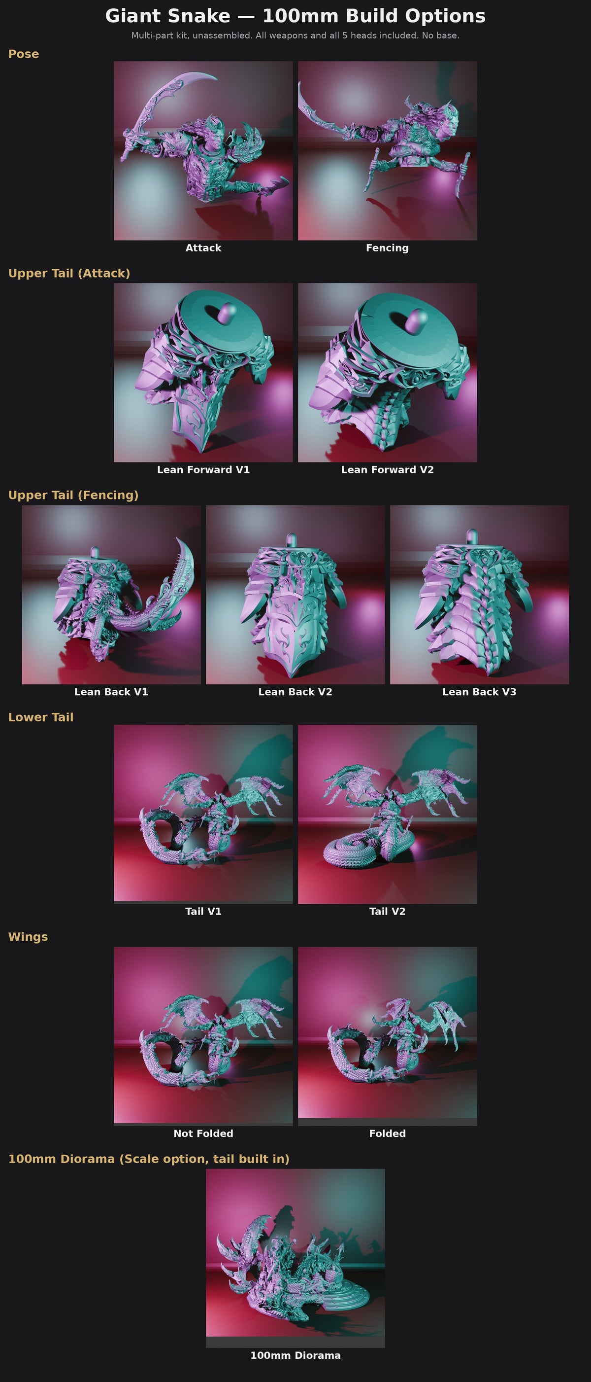 Giant Snake 100mm Build Options: Pose, Upper Tail, Lower Tail, Wings, 100mm Diorama