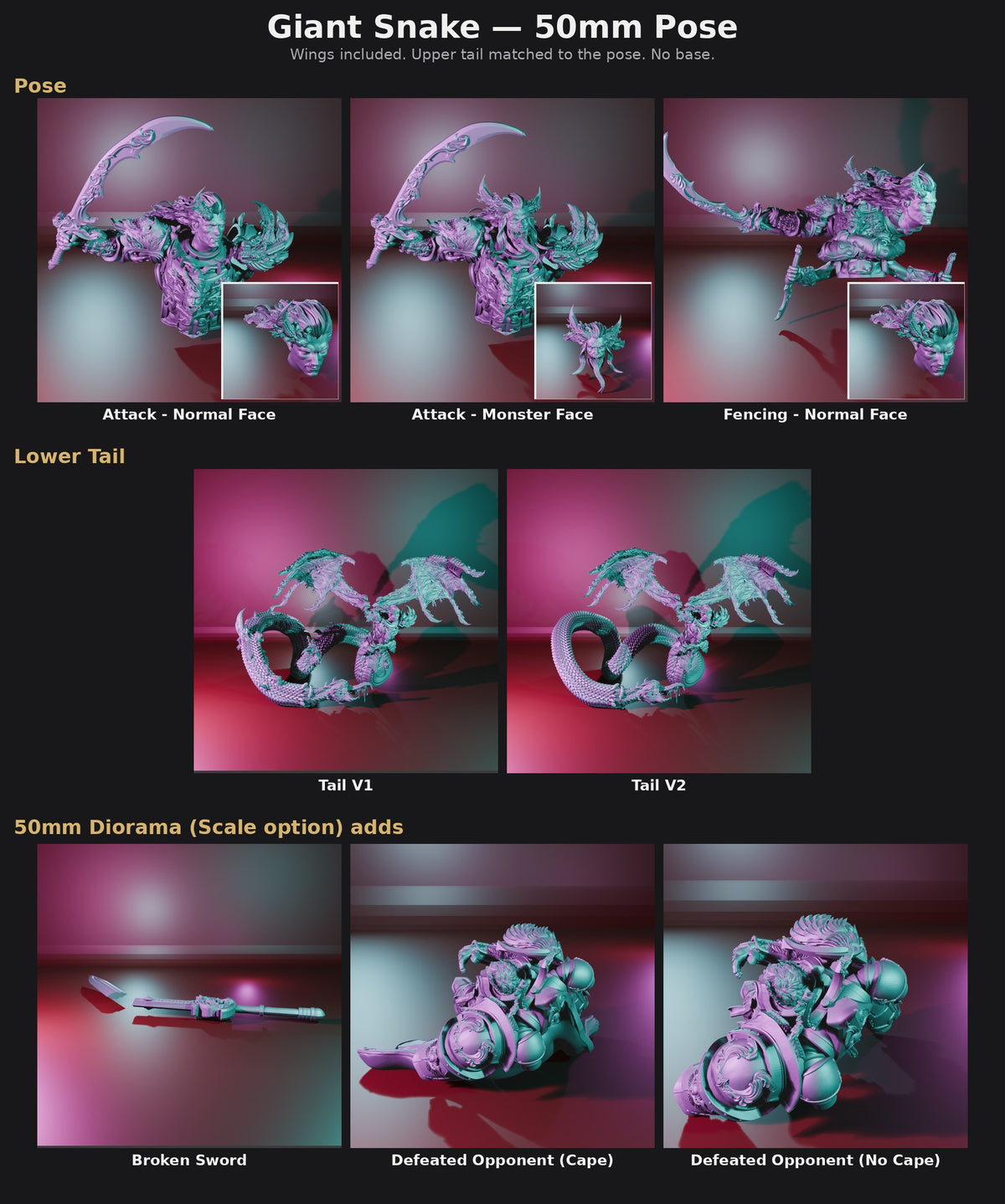 Giant Snake 50mm Pose options: Attack - Normal Face, Attack - Monster Face, Fencing - Normal Face, Lower Tail, 50mm Diorama