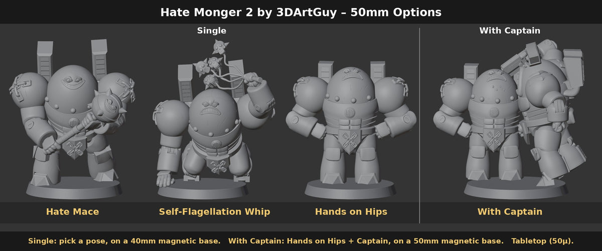 Hate Monger 2 by 3DArtGuy 50mm options: Single in Hate Mace, Self-Flagellation Whip or Hands on Hips pose, or With Captain