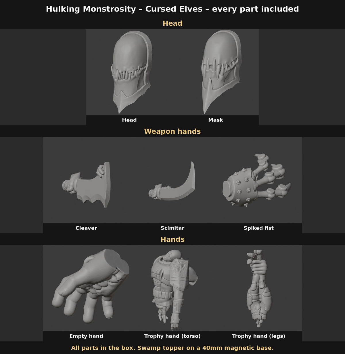 Hulking Monstrosity - Cursed Elves by Edge Miniatures every part included: head, mask, cleaver, scimitar, spiked fist, empty hand and two trophy hands
