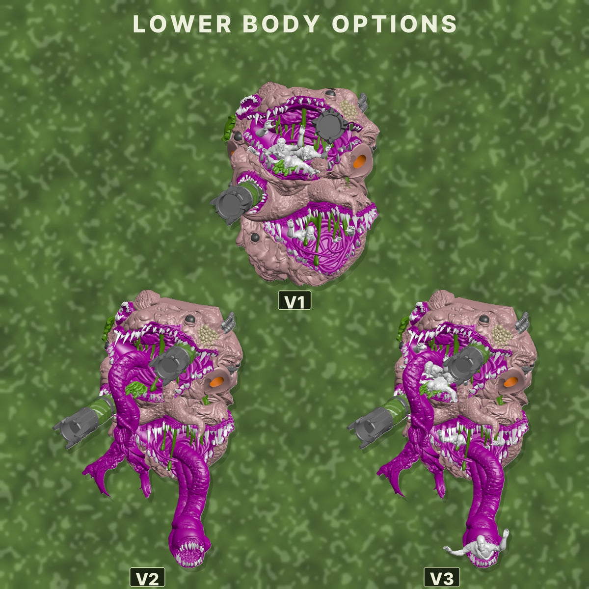 A product comparison graphic titled 'LOWER BODY OPTIONS' showing three rendered lower-body variants labeled V1, V2, and V3 on a green textured background.
