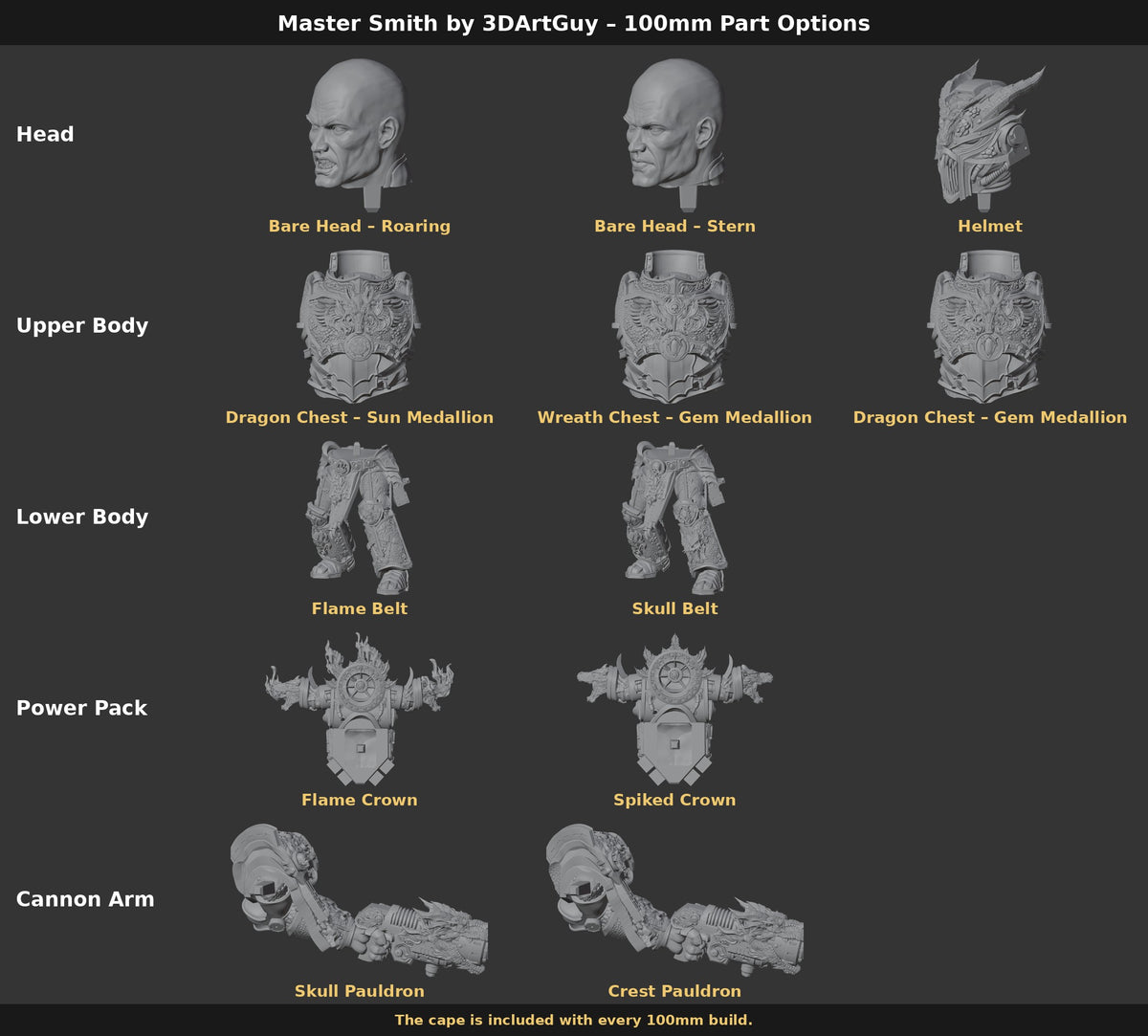 Master Smith by 3DArtGuy 100mm Part Options: heads, upper bodies, lower bodies, power packs and cannon arms