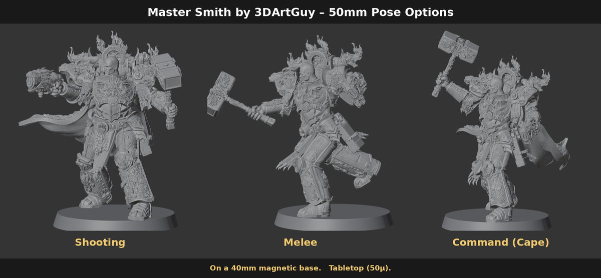 Master Smith by 3DArtGuy 50mm Pose Options: Shooting, Melee and Command (Cape) on 40mm magnetic bases