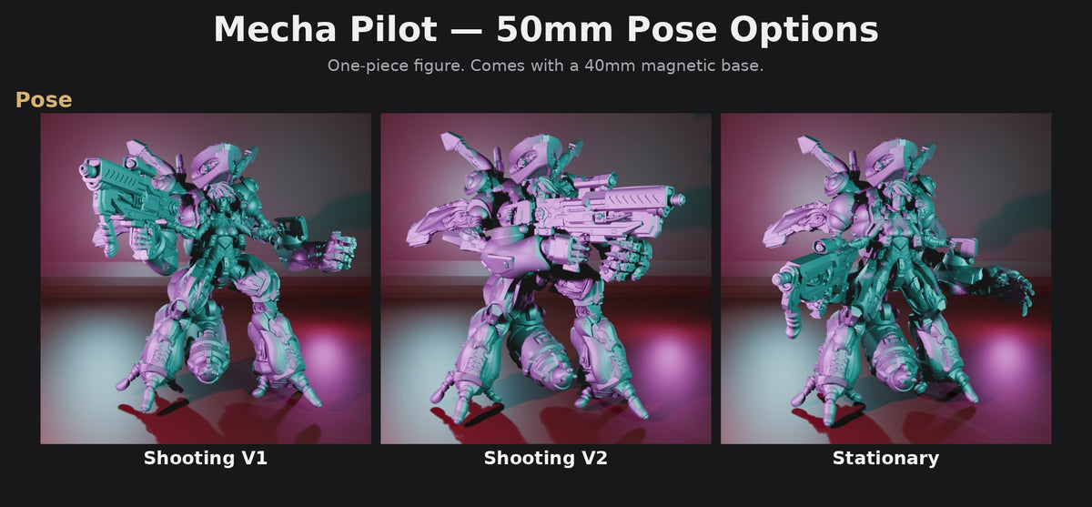 Mecha Pilot 50mm Pose options: Shooting V1, Shooting V2, Stationary
