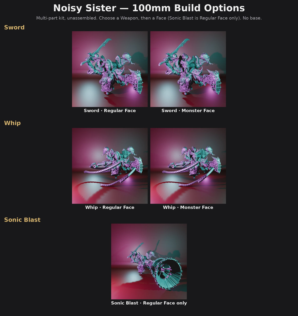 Noisy Sister 100mm Build Options: Sword, Whip or Sonic Blast; Regular Face or Monster Face