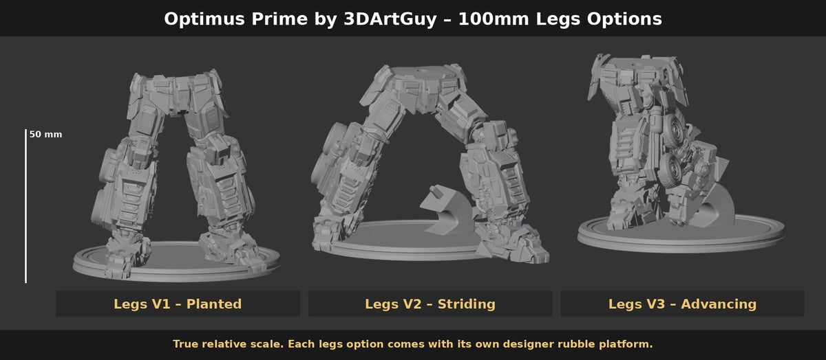 Optimus Prime by 3DArtGuy 100mm Legs Options: Legs V1 – Planted, V2 – Striding, V3 – Advancing, shown at true scale