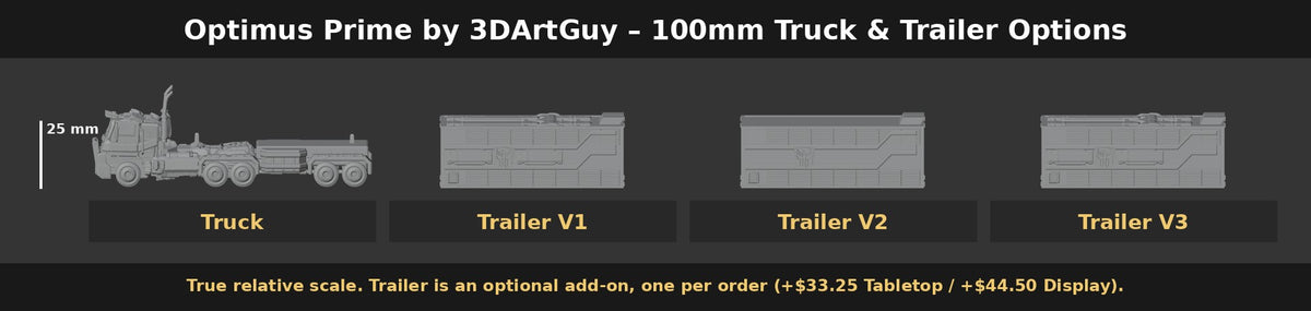 Optimus Prime by 3DArtGuy 100mm Truck and Trailer Options: Truck, Trailer V1, V2, V3, shown at true scale