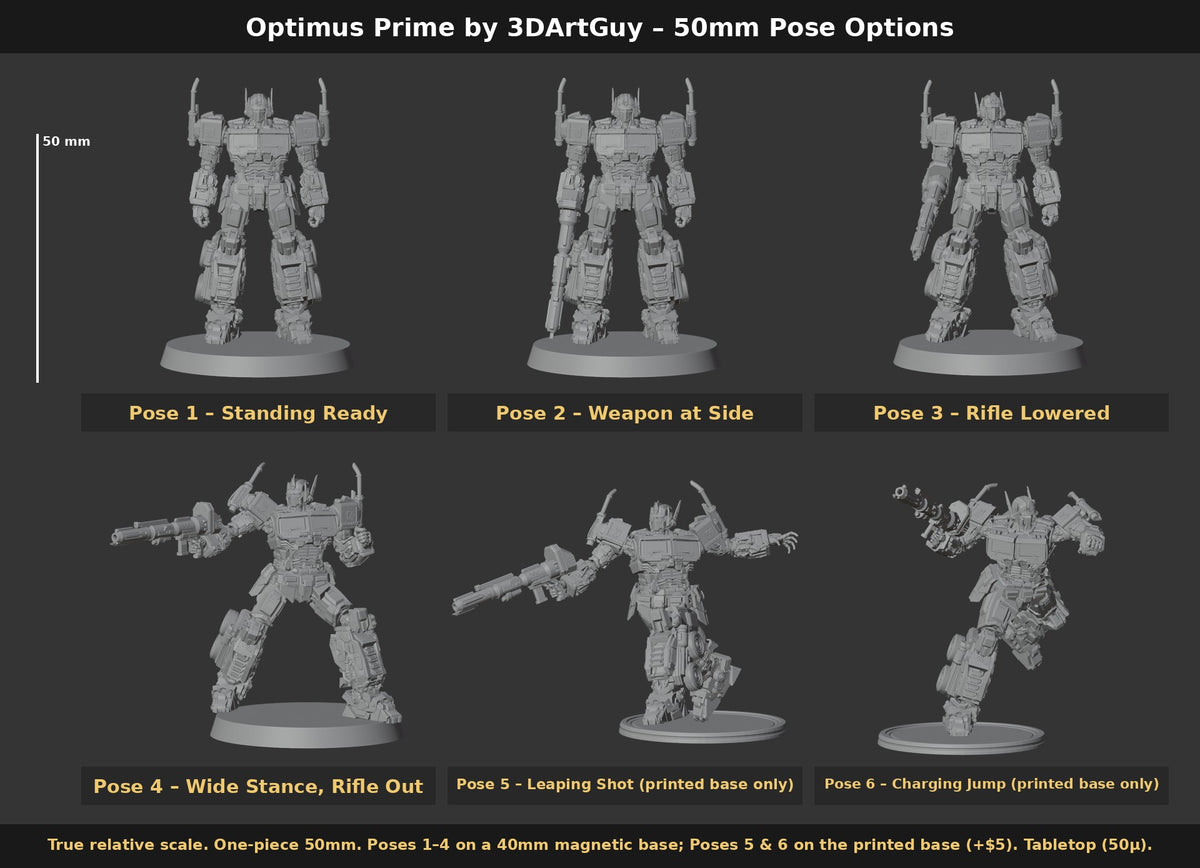 Optimus Prime by 3DArtGuy 50mm Pose Options: Poses 1–6, shown at true scale