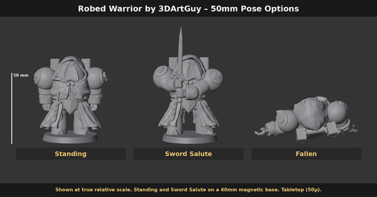 Robed Warrior by 3DArtGuy 50mm Pose Options: Standing, Sword Salute, Fallen, shown at true scale