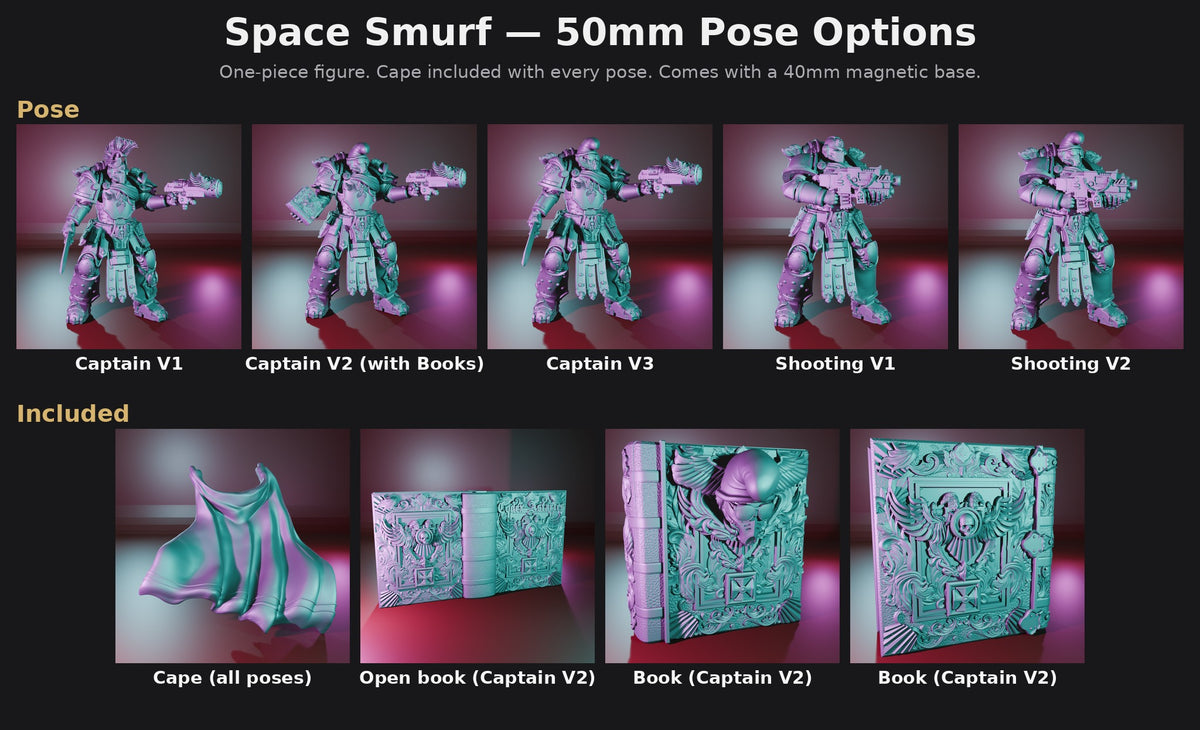 Space Smurf 50mm Pose options: Captain V1, Captain V2 (with Books), Captain V3, Shooting V1, Shooting V2