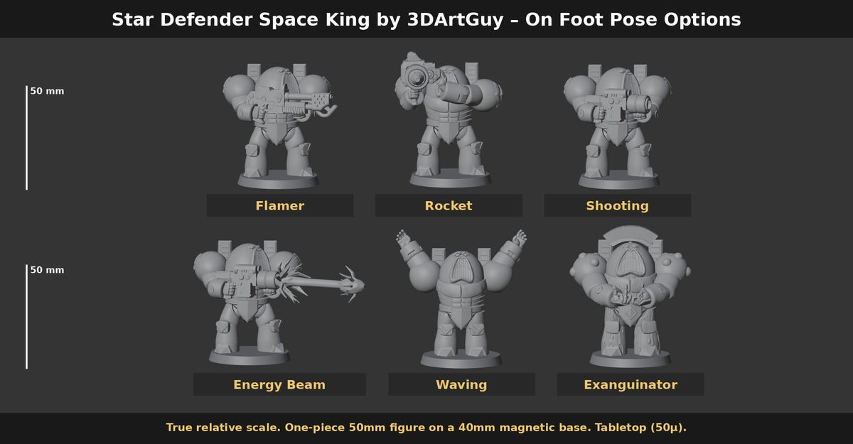 Star Defender Space King by 3DArtGuy On Foot Pose Options: Flamer, Rocket, Shooting, Energy Beam, Waving, Exanguinator, true scale