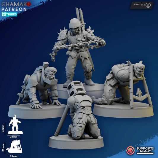 Tortured Prisoners and Torturer by Ghamak, 28/32mm Heroic Scale Miniature, 32mm tall, 4 Units