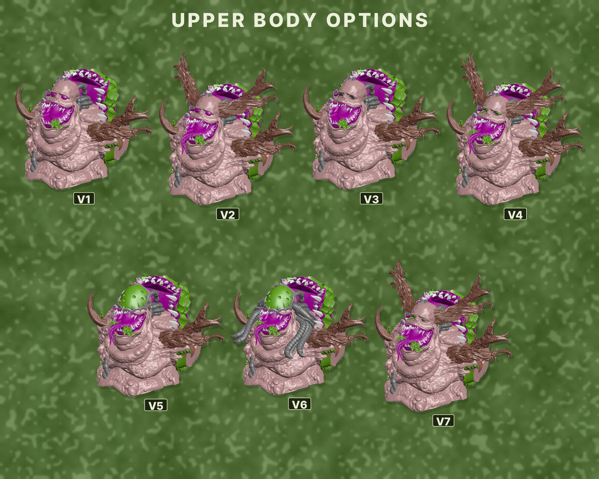 A reference chart titled 'UPPER BODY OPTIONS' showing seven creature upper body variants labeled V1 through V7 on a textured green background.