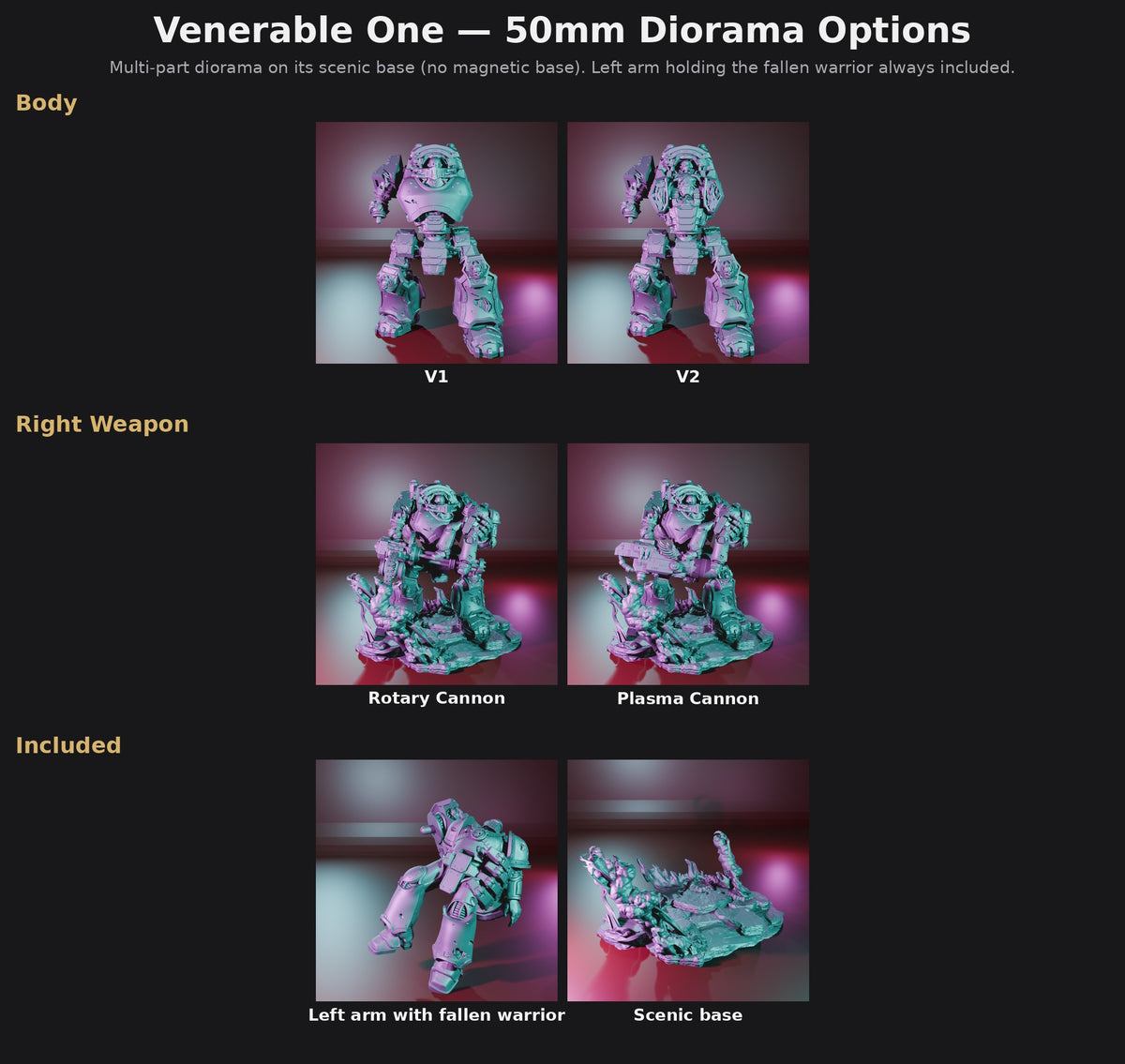 Venerable One 50mm Diorama Options: Body V1 or V2; Right Weapon Rotary Cannon or Plasma Cannon