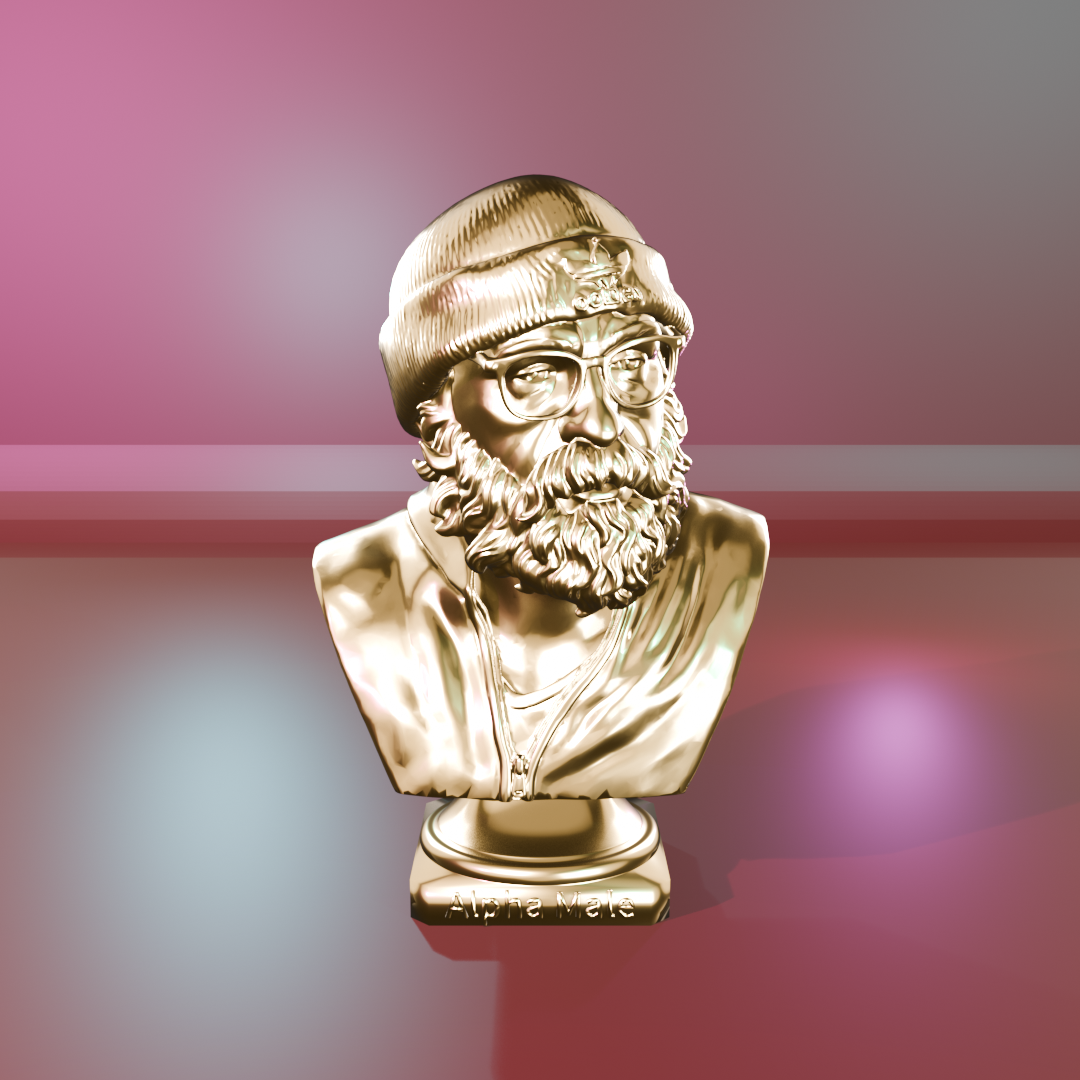 Alpha Male Bust by Mega Diamonds, shiny gold version of the bearded bust in a beanie and glasses on a plinth lettered Alpha Male