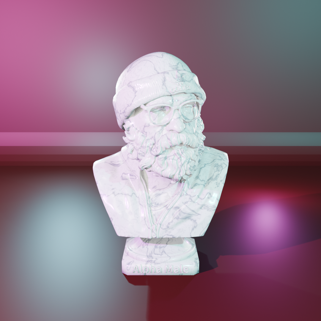Alpha Male Bust by Mega Diamonds, white marble version of the bearded bust in a beanie and glasses on a plinth lettered Alpha Male