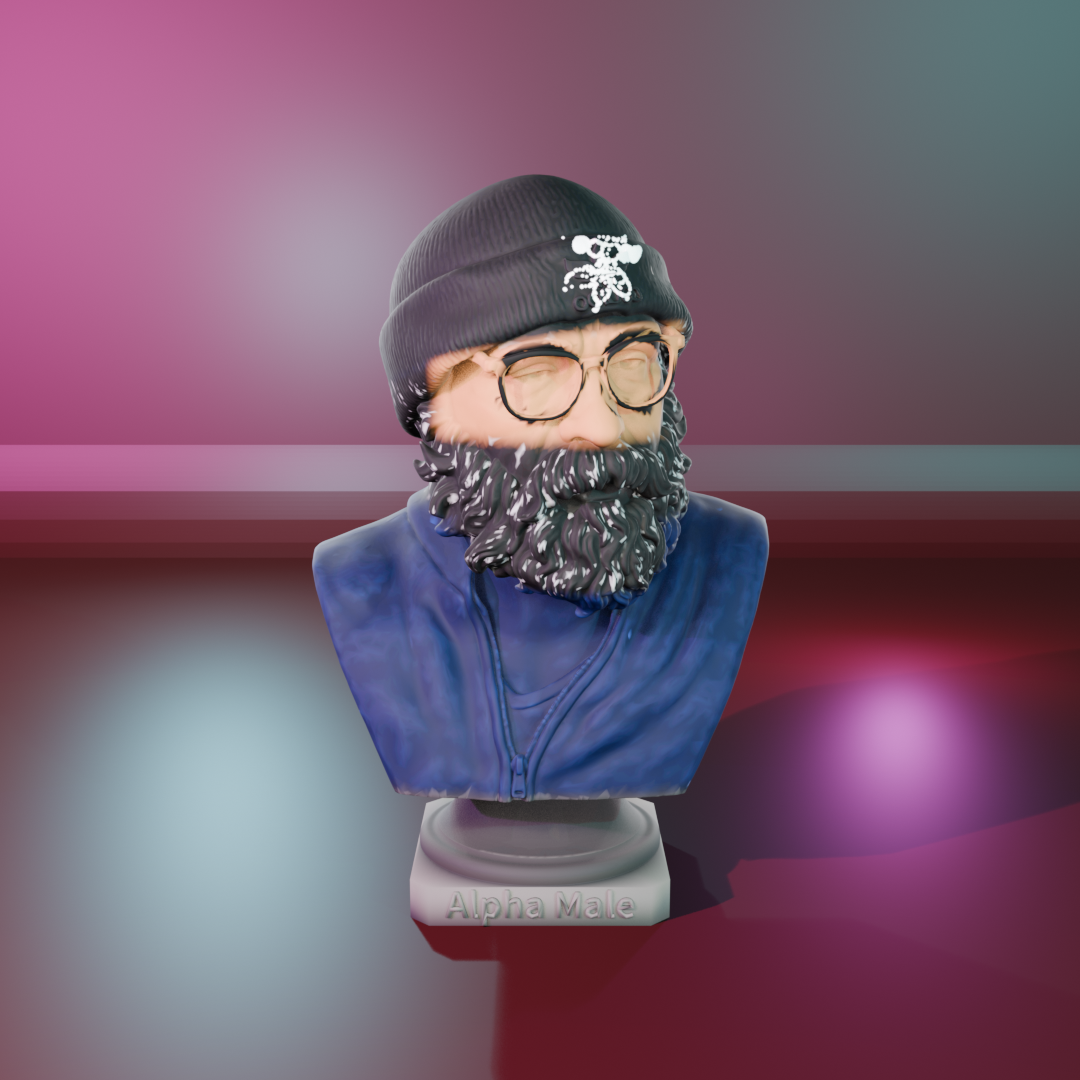 Alpha Male Bust by Mega Diamonds, painted version with a black wool beanie with a white logo, black glasses, black beard and hair with a little salt and pepper, a skin-colored face, a dark blue zip jacket and a plinth lettered Alpha Male