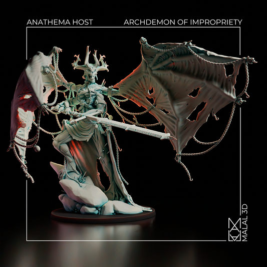 Archdemon of Impropriety by Malal3D – painted colour render, chained winged demon with greatsword on rocky footing