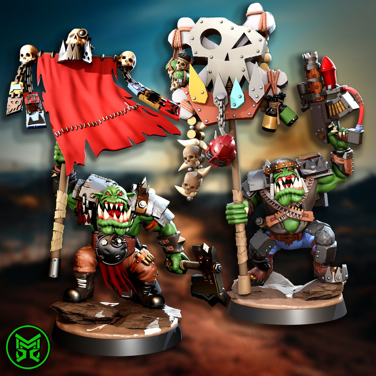 Banner Orc by Mekka Miniatures – two ork banner bearers with war flag and skull totem on rocky 40mm bases