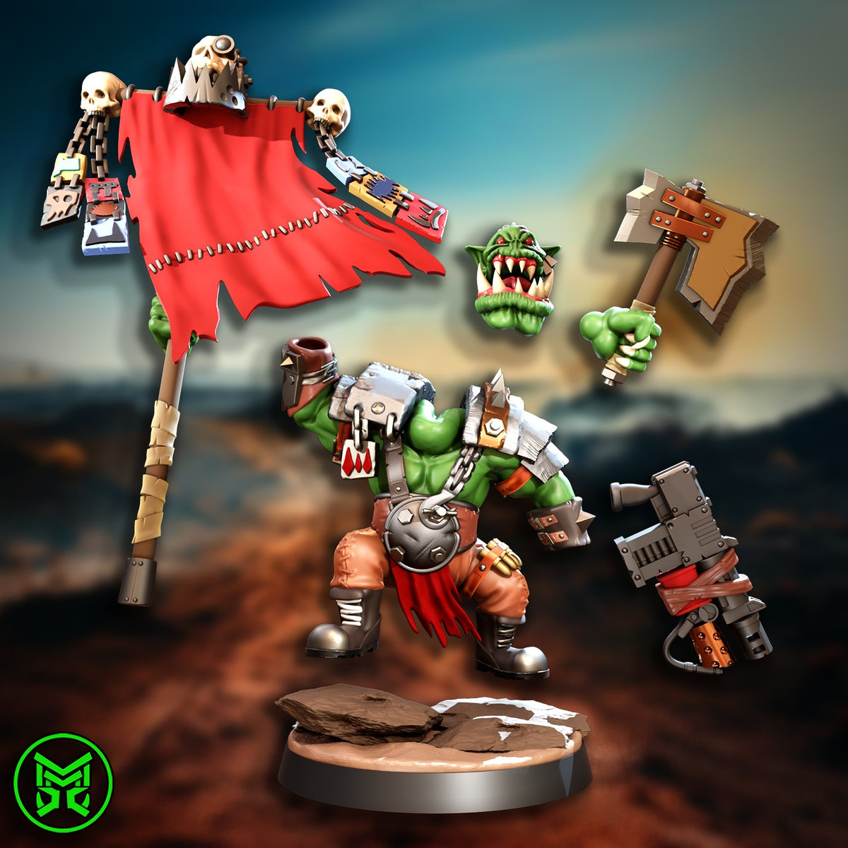 Banner Orc by Mekka Miniatures – war-flag orc with separate banner, head, axe and shooter