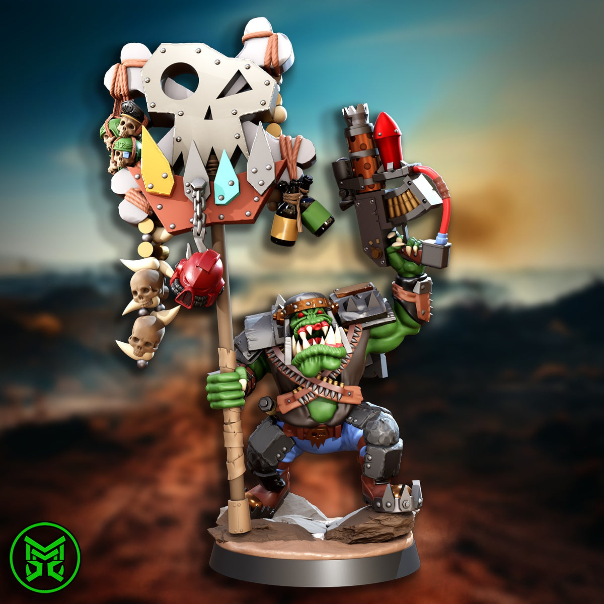 Banner Orc by Mekka Miniatures – skull-totem orc with rocket shooter raised