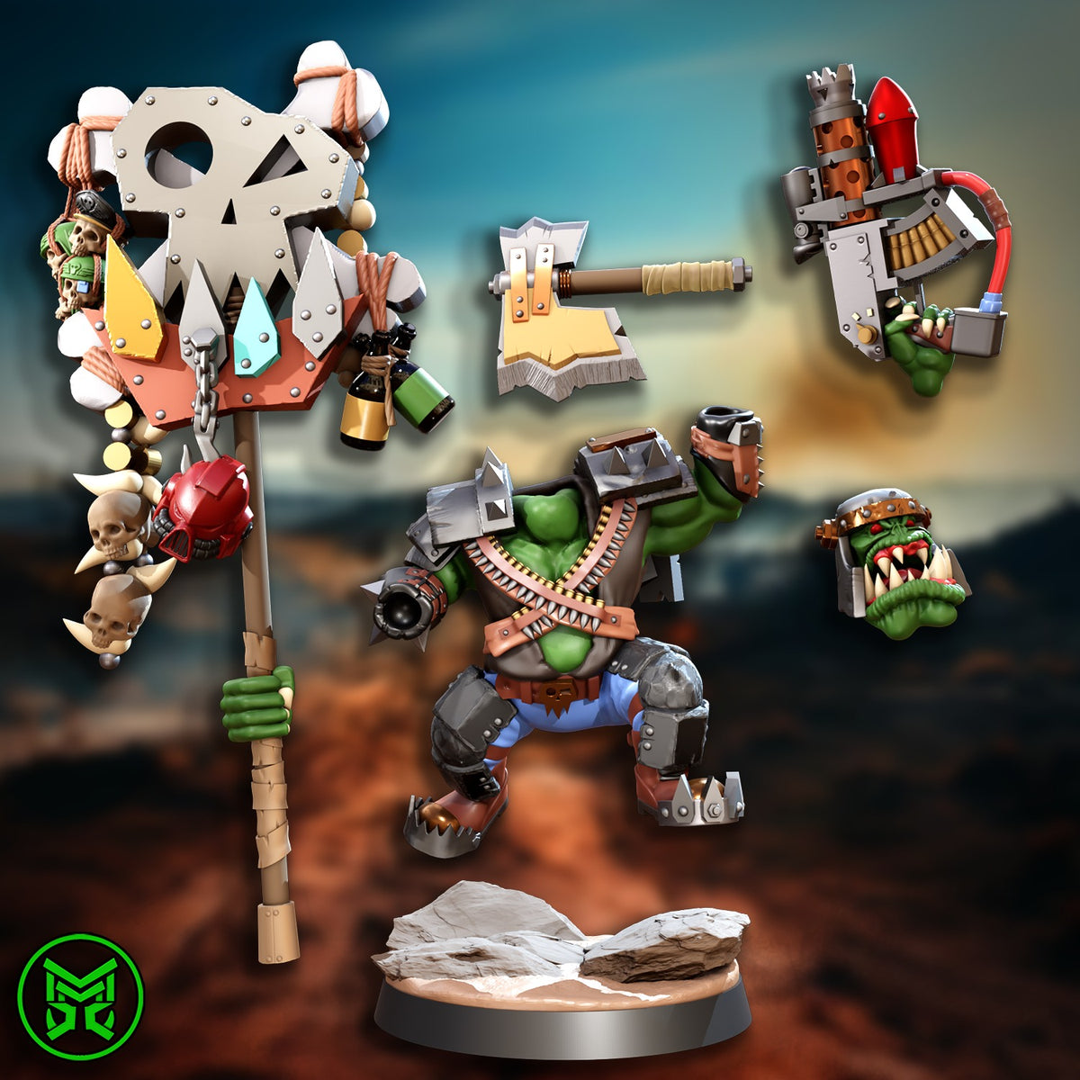 Banner Orc by Mekka Miniatures – skull-totem orc with separate totem, head, axe and rocket shooter