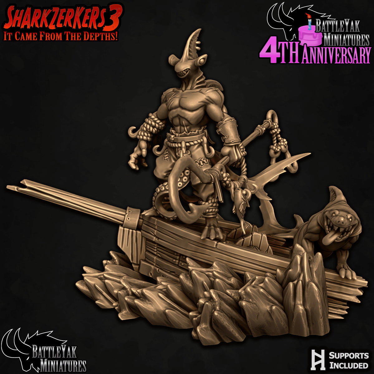 Blotch Darkwater by Battle Yak – Blotch with his fishhook on the wrecked boat stand, Sharkhound beside him, 68 mm tall