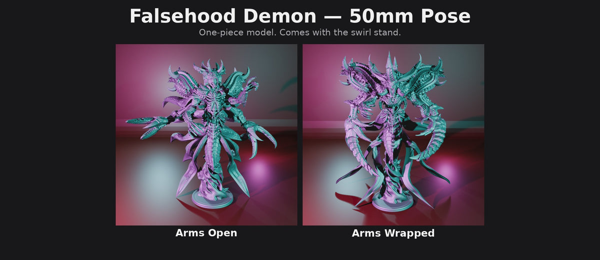Falsehood Demon 50mm Pose options: Arms Open, Arms Wrapped; comes with the swirl stand