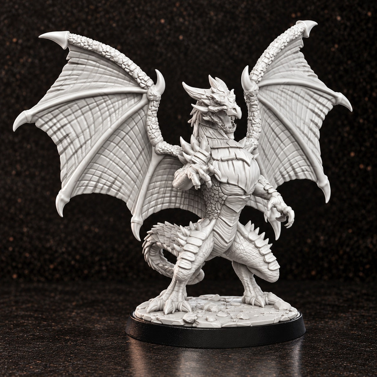 Flimtrax by RN Estudio – rearing winged dragon with wings spread on its rocky round base, 91 mm tall
