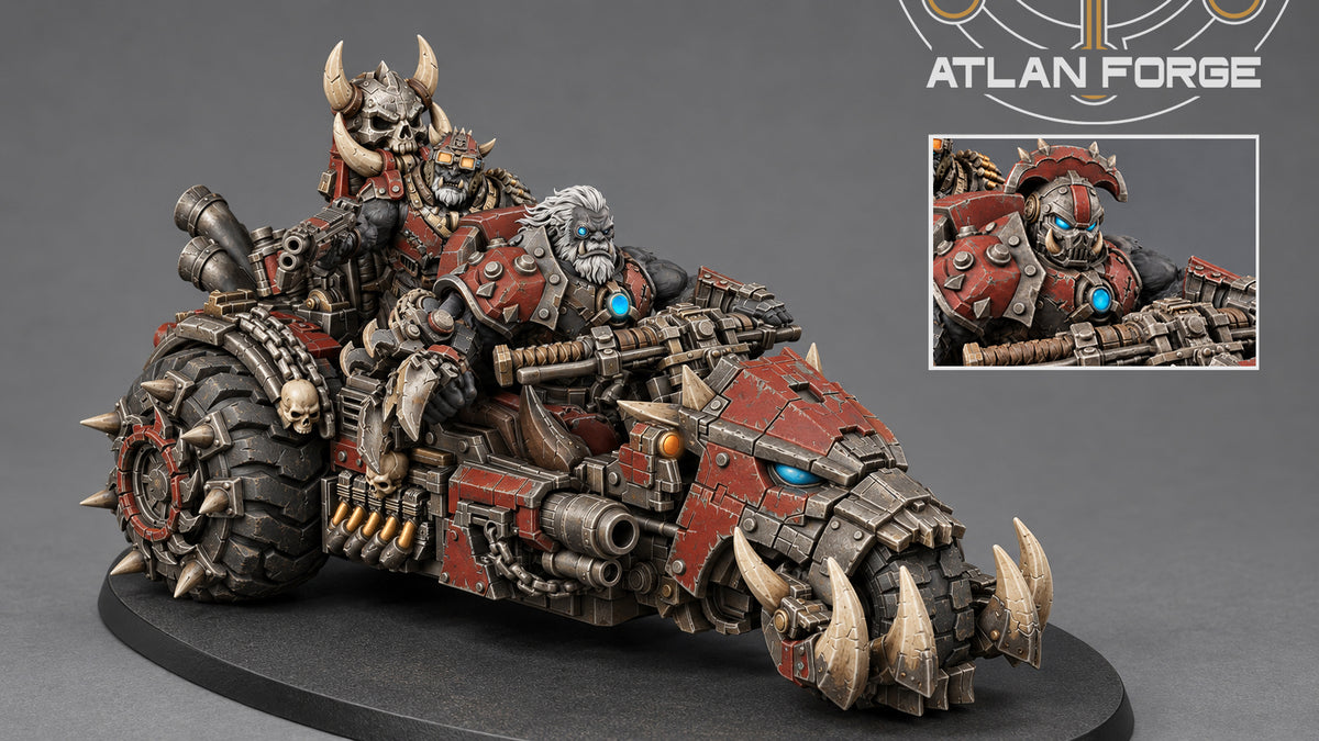Grokk Gorecharger Command Trike by Atlan Forge, painted resin ork trike with Speedbrute and gunner