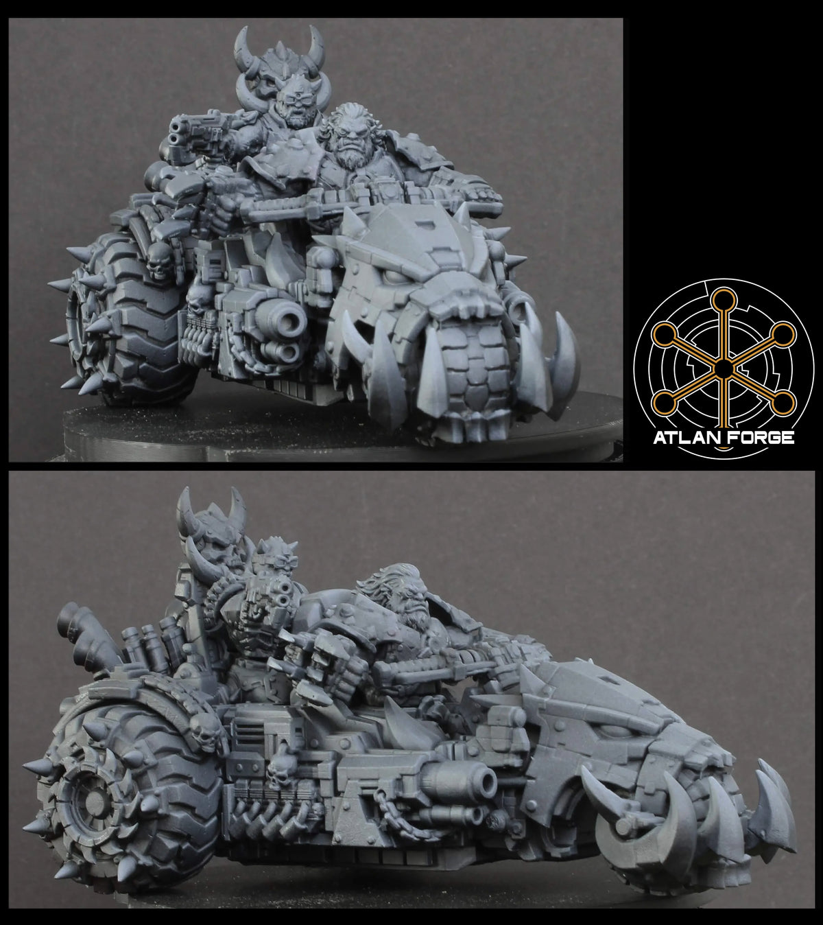 Grokk Gorecharger Command Trike by Atlan Forge, unpainted grey resin print, front and side