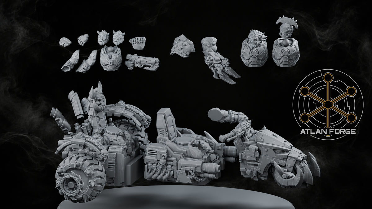 Grokk Gorecharger Command Trike by Atlan Forge, parts render with trike sections, crew and weapons