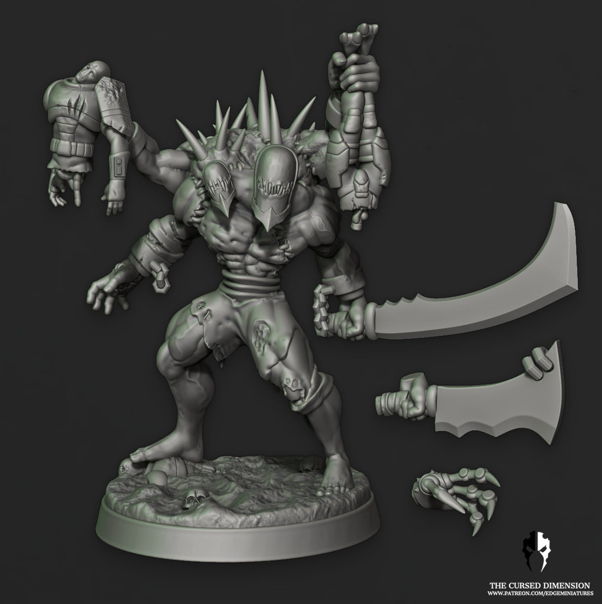 Hulking Monstrosity - Cursed Elves by Edge Miniatures designer render, front view with the cleaver and spare hands