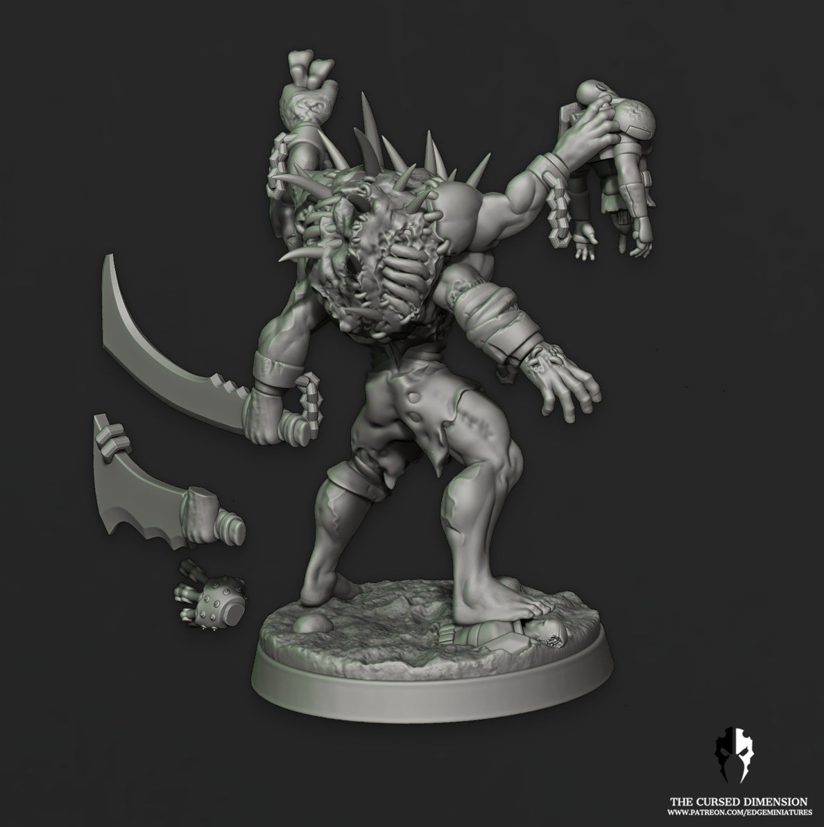 Hulking Monstrosity - Cursed Elves by Edge Miniatures designer render, rear view with scimitar and spare parts
