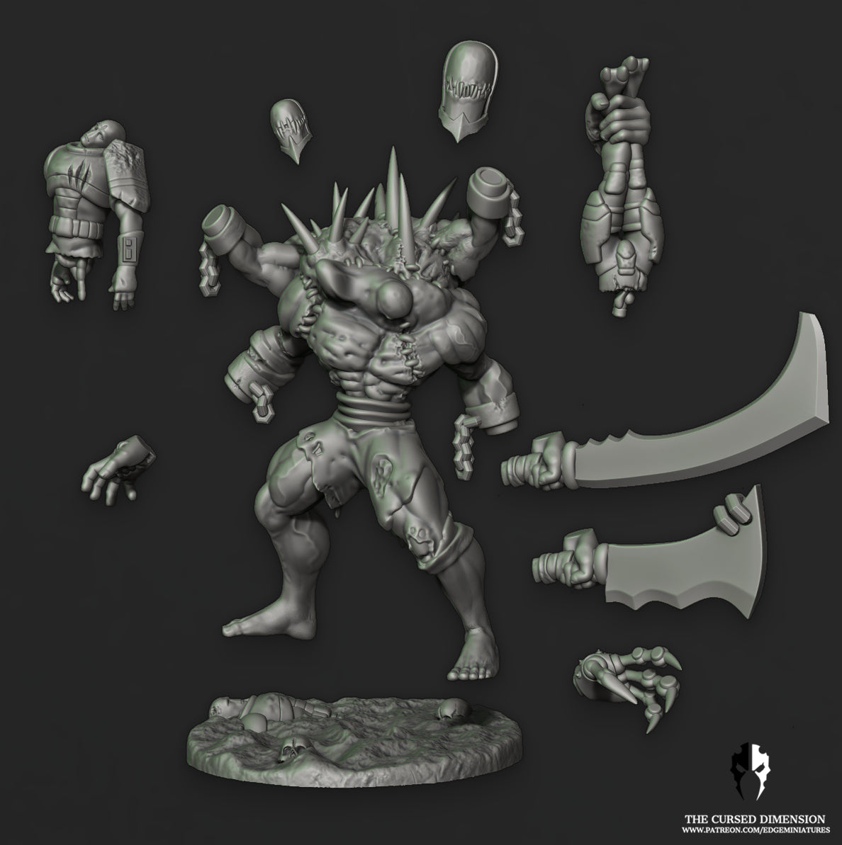 Hulking Monstrosity - Cursed Elves by Edge Miniatures designer render, front view with all hand options