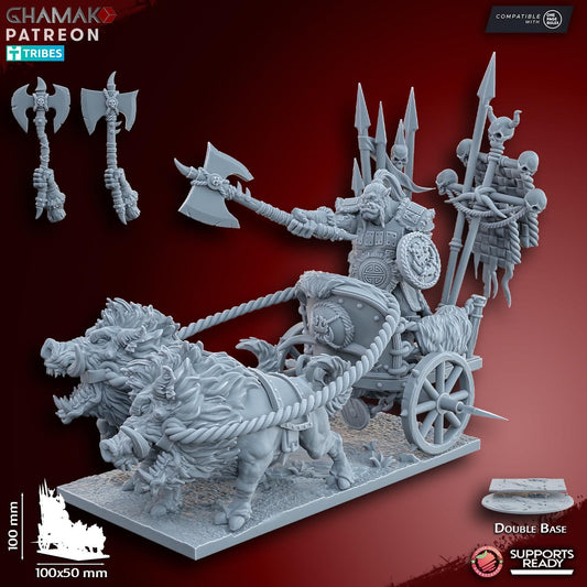 Orc Chieftain on Wild Boar Chariot by Ghamak Fantasy 28mm Scale Miniature, 100mm x 100mm, Vehicle
